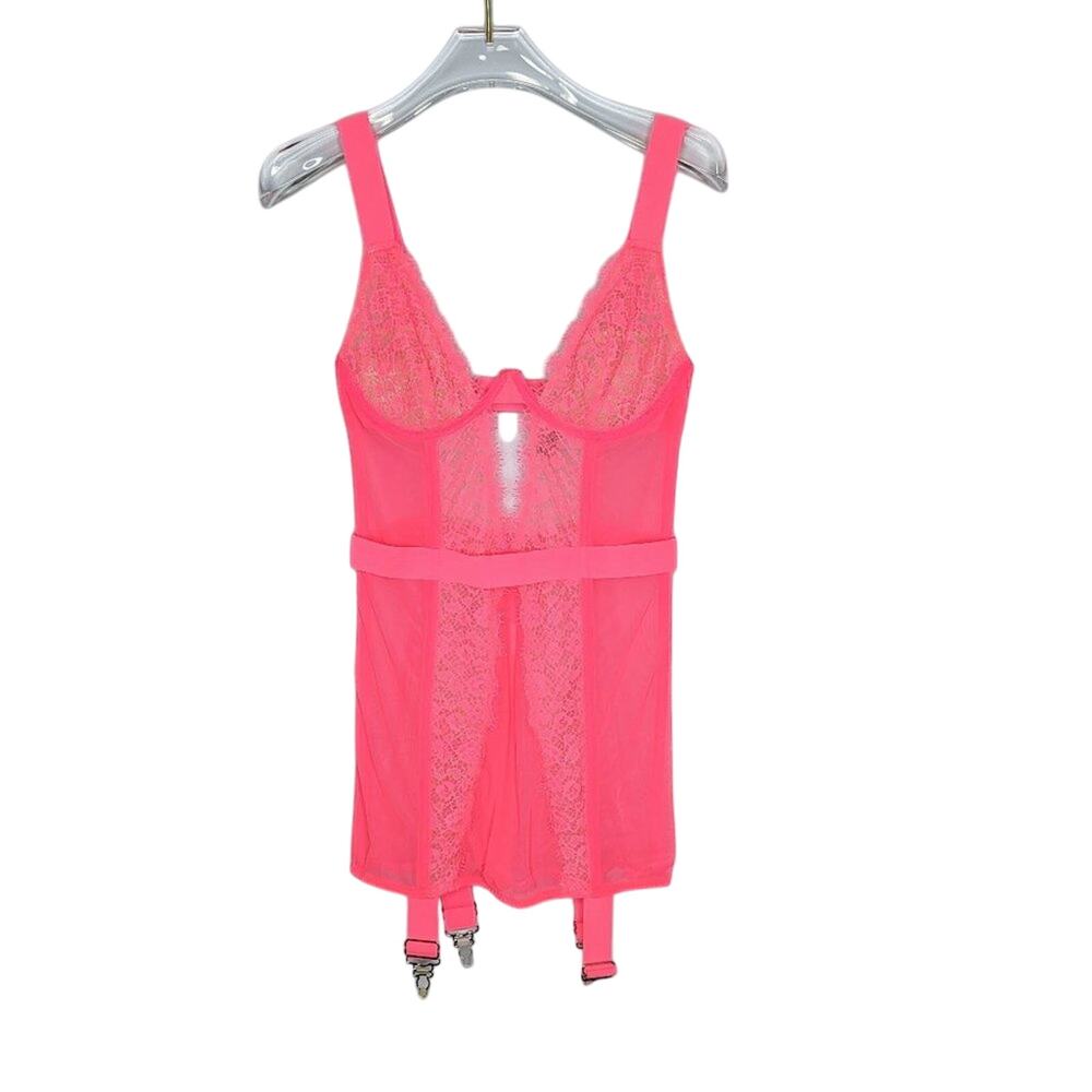 Victoria's Secret Neon Pink Corset Lace Wired Adjustable Straps Garter Belts NWT